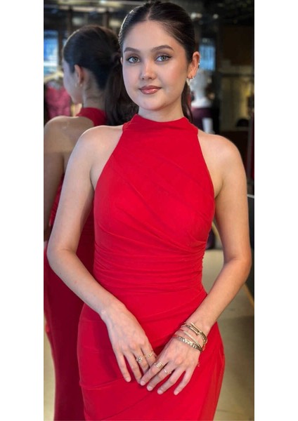 Kırmızı Stefanel Yaka Yırtmaçlı Düz Kesim Tül Uzun Abiye Elbise 11084 fiyatları