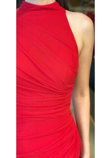 Kırmızı Stefanel Yaka Yırtmaçlı Düz Kesim Tül Uzun Abiye Elbise 11084 modelleri