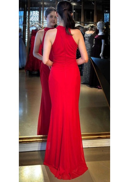 Kırmızı Stefanel Yaka Yırtmaçlı Düz Kesim Tül Uzun Abiye Elbise 11084 fırsatları