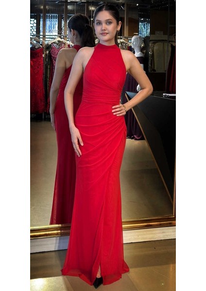 Kırmızı Stefanel Yaka Yırtmaçlı Düz Kesim Tül Uzun Abiye Elbise 11084 indirimleri