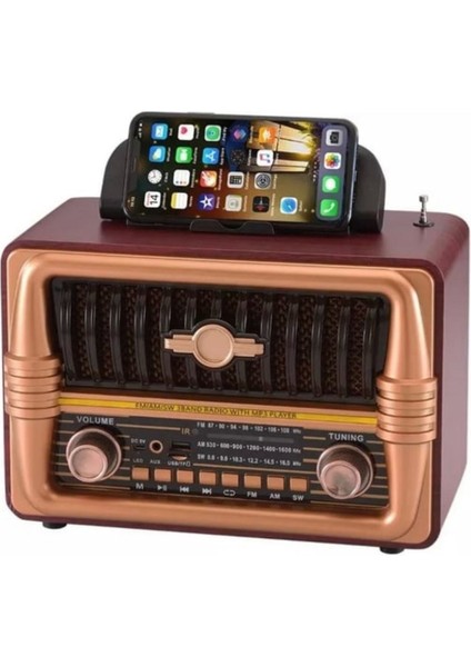 ® Büyük Boy Telefon Tutma Aparatlı Retro Ahşap Tasarım Bluetooth Hoparlörlü Radyo – Fm/am Destekli, Şarjlı ve Taşınabilir Radyo NS-8079