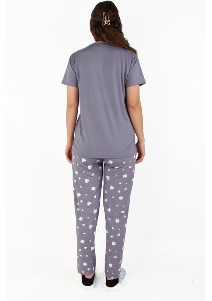 3220 Milan Sıfır Yaka Kısa Kol Üst Uzun Alt Loove Pijama Takımı modelleri