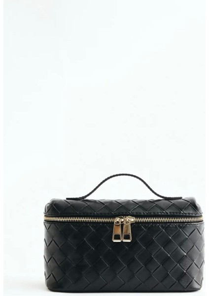 Fermuarlı Örme Deri Çanta Siyah