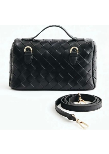 Fermuarlı Örme Deri Çanta Siyah modelleri
