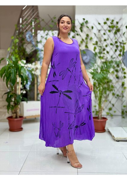 VL3035 Kolsuz Baskılı Vual Elbise Mor