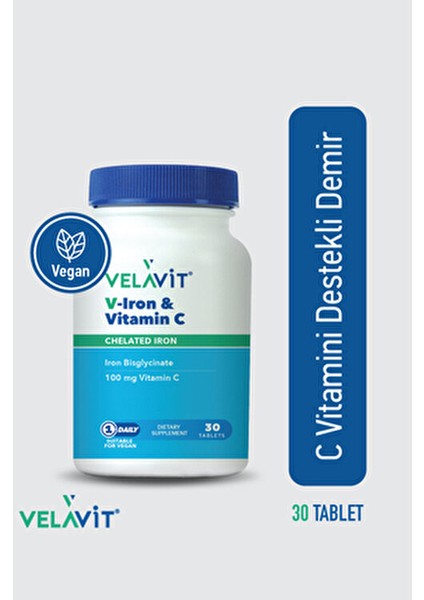 V-Iron & Vitamin C 30 Tablet Vegan Besin Takviyesi, Gluten ve Şekersiz indirimleri