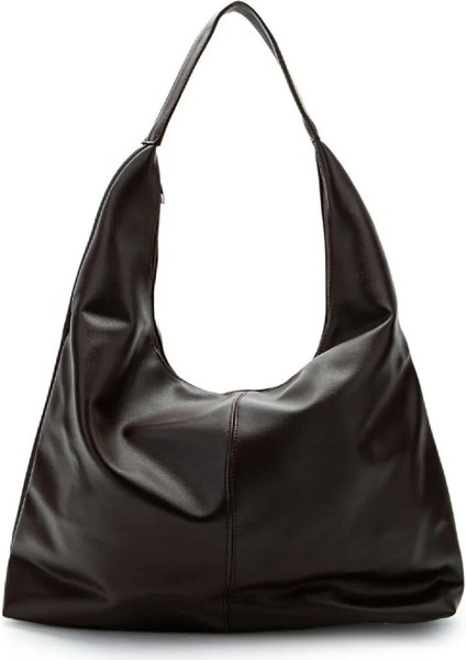 Oval Sap Ortası Dikişli Büyük Boy Fermuarlı Omuz Tote Çanta