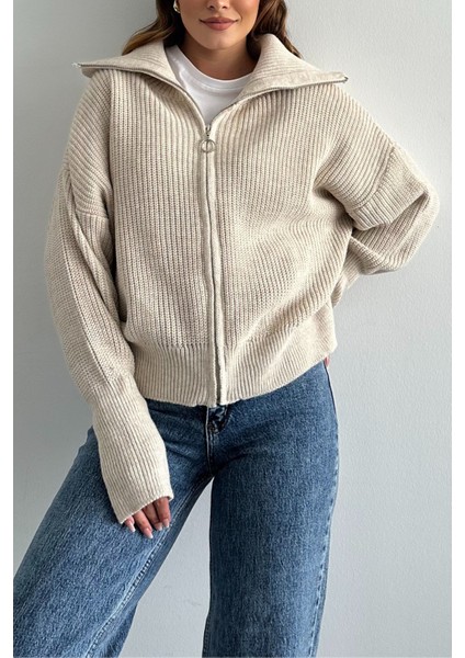 Taş Devrik Yaka Fermuarlı Triko Hırka Taş / Standart fiyatları