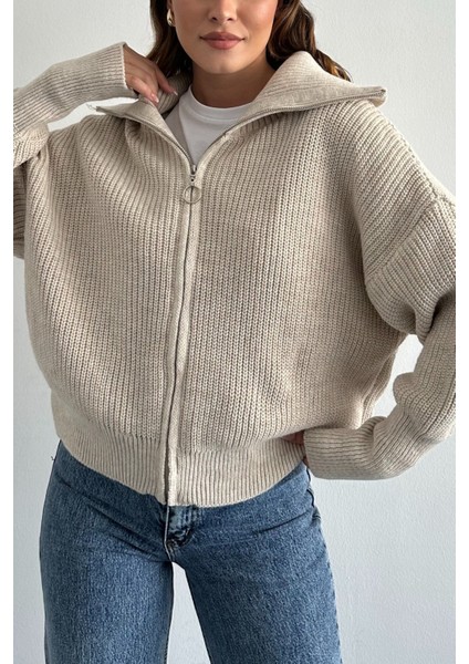 Taş Devrik Yaka Fermuarlı Triko Hırka Taş / Standart modelleri