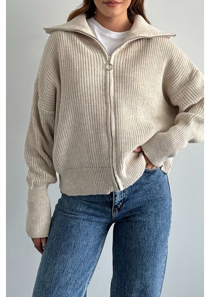 Taş Devrik Yaka Fermuarlı Triko Hırka Taş / Standart indirimleri