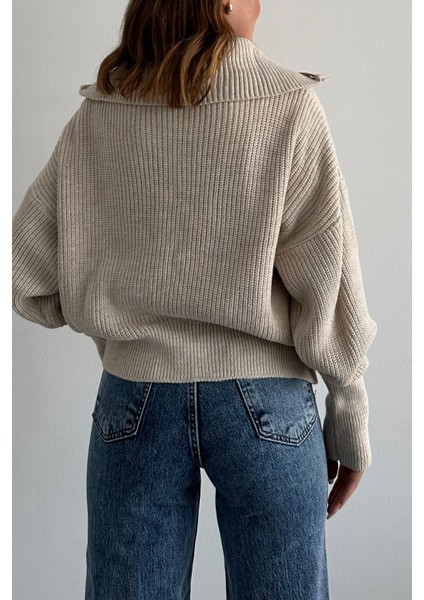 Taş Devrik Yaka Fermuarlı Triko Hırka Taş / Standart