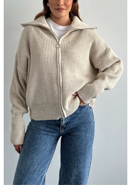 Taş Devrik Yaka Fermuarlı Triko Hırka Taş / Standart