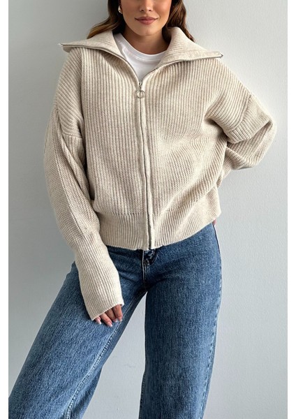 Taş Devrik Yaka Fermuarlı Triko Hırka Taş / Standart