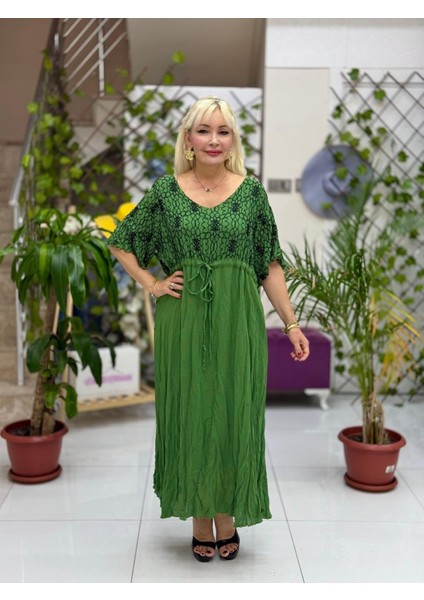 VL3027 Göğüs Nakışlı Vual Elbise Haki