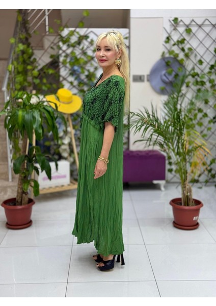 VL3027 Göğüs Nakışlı Vual Elbise Haki modelleri