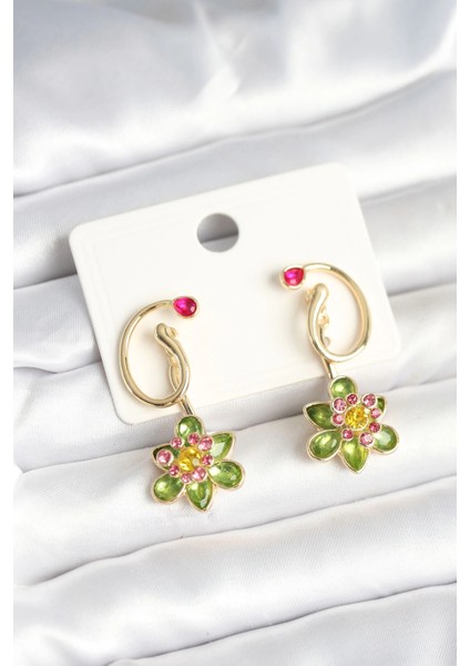 Pirinç Gold Renk Zirkon Taşlı Çiçek Model Kadın Küpe