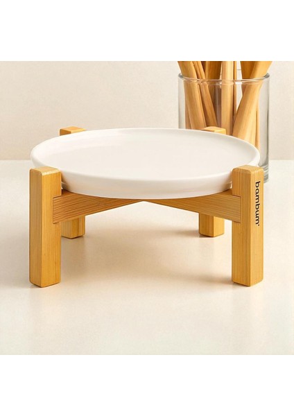 Alpina Bambu Ayaklı Seramik Sunum Tabağı, Servis Tabağı, Dekoratif Tatlı ve Kahvaltı Tabağı 20 cm