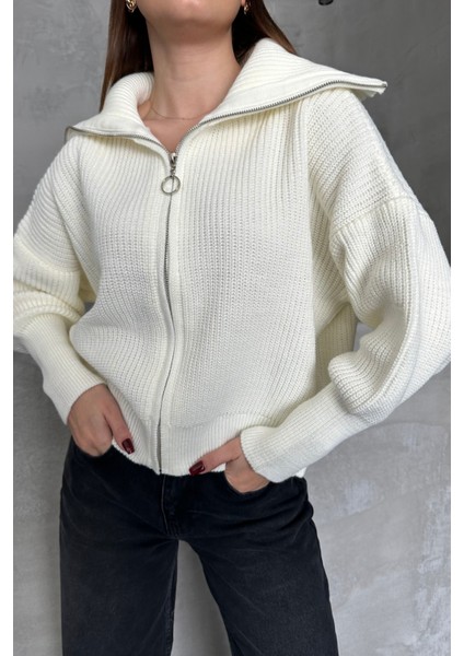 Ekru Devrik Yaka Fermuarlı Triko Hırka Ekru / Standart