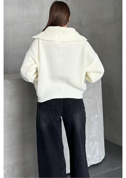 Ekru Devrik Yaka Fermuarlı Triko Hırka Ekru / Standart fiyatları