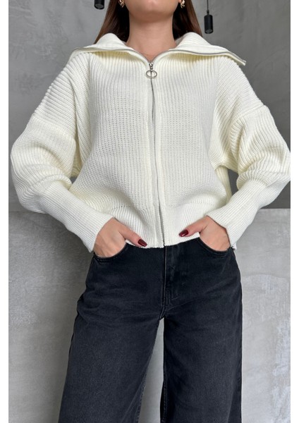 Ekru Devrik Yaka Fermuarlı Triko Hırka Ekru / Standart modelleri