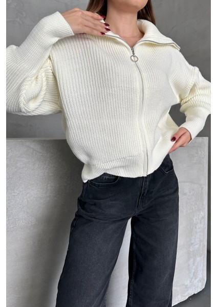 Ekru Devrik Yaka Fermuarlı Triko Hırka Ekru / Standart fırsatları