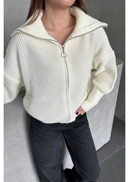 Ekru Devrik Yaka Fermuarlı Triko Hırka Ekru / Standart indirimleri
