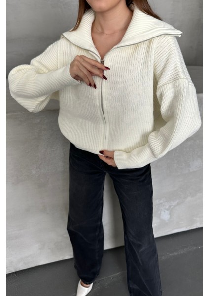 Ekru Devrik Yaka Fermuarlı Triko Hırka Ekru / Standart