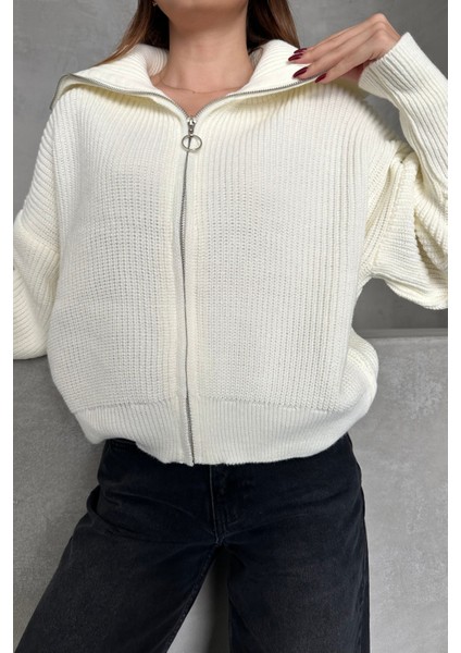 Ekru Devrik Yaka Fermuarlı Triko Hırka Ekru / Standart