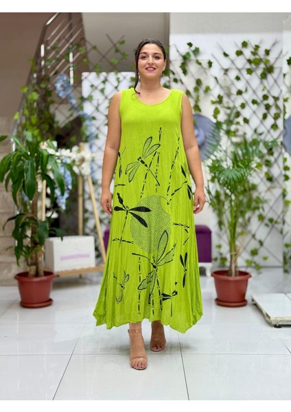 VL3035 Kolsuz Baskılı Vual Elbise Fıstık