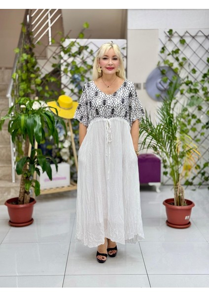 VL3027 Göğüs Nakışlı Vual Elbise Beyaz