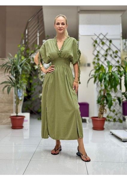 PT242500 Beli Lastikli Yaka Omuz Püsküllü Derin Yırtmaçlı Coton Elbise Haki