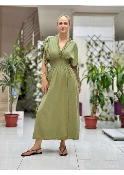 PT242500 Beli Lastikli Yaka Omuz Püsküllü Derin Yırtmaçlı Coton Elbise Haki modelleri