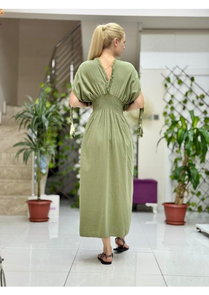 PT242500 Beli Lastikli Yaka Omuz Püsküllü Derin Yırtmaçlı Coton Elbise Haki indirimleri