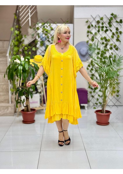 VL2006 Düğmeli Vual Elbise Sarı