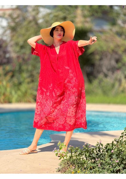 YG205050 Italyan V Yaka Çiçekli Keten Elbise Kırmızı