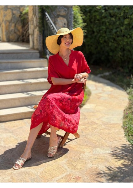 YG205050 Italyan V Yaka Çiçekli Keten Elbise Kırmızı fiyatları