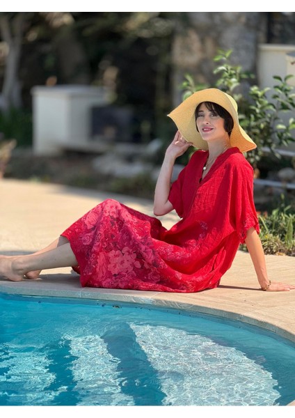 YG205050 Italyan V Yaka Çiçekli Keten Elbise Kırmızı modelleri