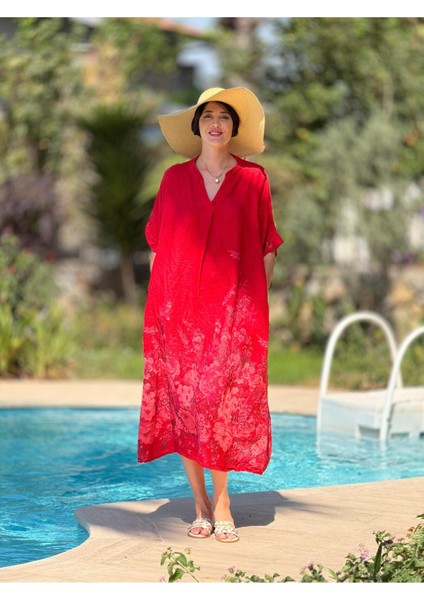 YG205050 Italyan V Yaka Çiçekli Keten Elbise Kırmızı fırsatları