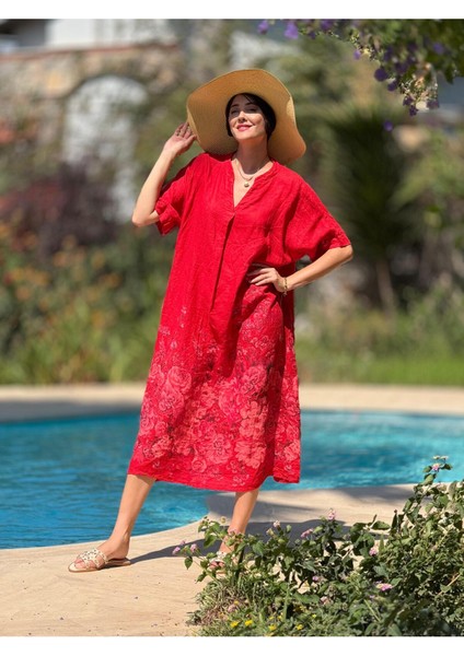 YG205050 Italyan V Yaka Çiçekli Keten Elbise Kırmızı indirimleri