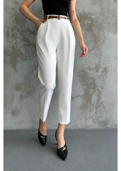 Kadın Dar Paça Pileli Kemerli Mevsimlik Kumaş Pantolon Beyaz Beyaz / 36 fiyatları