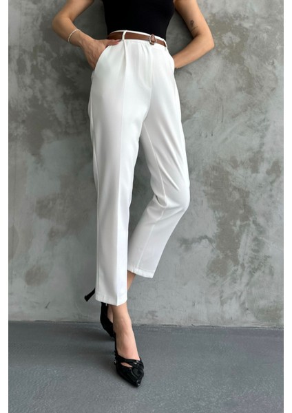 Kadın Dar Paça Pileli Kemerli Mevsimlik Kumaş Pantolon Beyaz Beyaz / 36 indirimleri