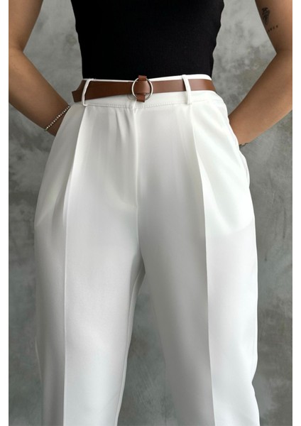 Kadın Dar Paça Pileli Kemerli Mevsimlik Kumaş Pantolon Beyaz Beyaz / 36