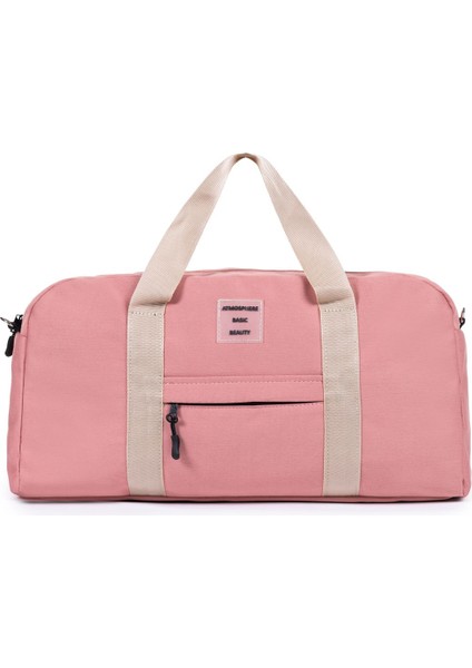 Önü Cepli Uzun Askılı Kadın ve Erkek Kullanabilir Seyahat Fitness Spor Çantası Şeker Pembe