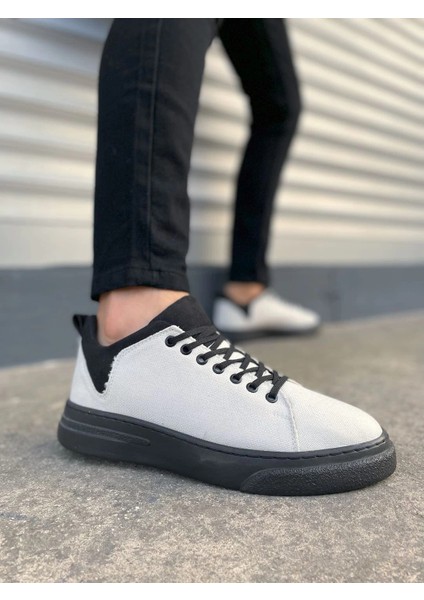 JY204 Flex Bağcıklı Keten Kumaş Erkek Günlük Sneaker Ayakkabı Kst - Beyaz/siyah