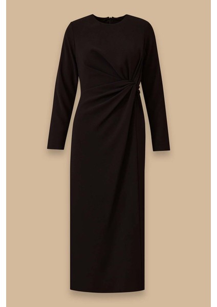 Kadın Drapeli Midi Boy Şık Krep Elbise - Siyah