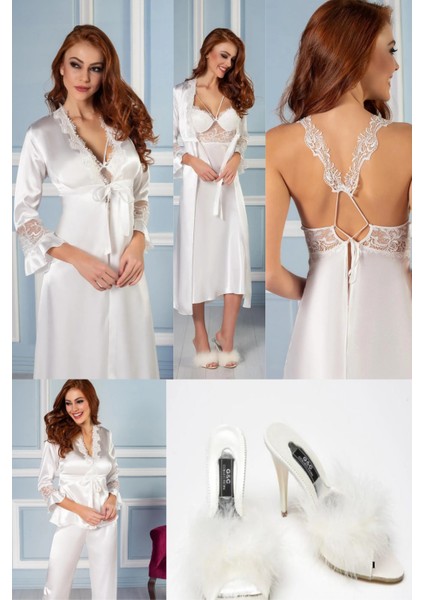 Kadın 6'lı Gelin Çeyiz Seti Gecelik & Sabahlık & Pijama Takımı & Şortlu Takım Terlik Hediyeli