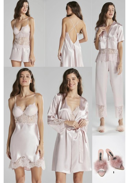 Kadın 6'lı Saten Gelin Çeyiz Seti Sabahlık & Gecelik & Pijama Takımı & Şortlu Takım Terlik Hediyeli