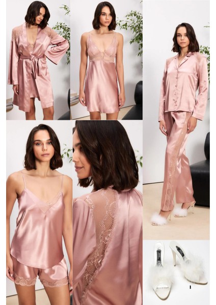 Kadın Saten Pijama Takım & Şortlu Takım & Gecelik & Sabahlık Terlik Hediyeli 6'lı Gelin Çeyiz Seti