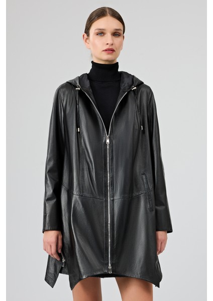 Daniela Kadın Siyah Kapüşonlu Oversize Deri Kaban 25WGE53281M