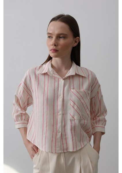 Çizgili Kısa Gömlek - Bej-Yeşil fiyatları